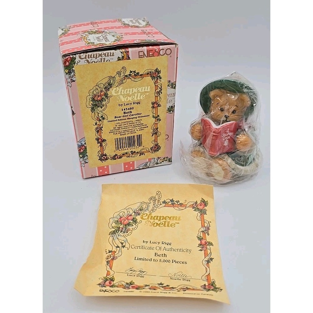 VTG NEW Enesco Chapeau Noelle Beth Bear Girl Caroller 1995 Lucy Rigg Item 143480